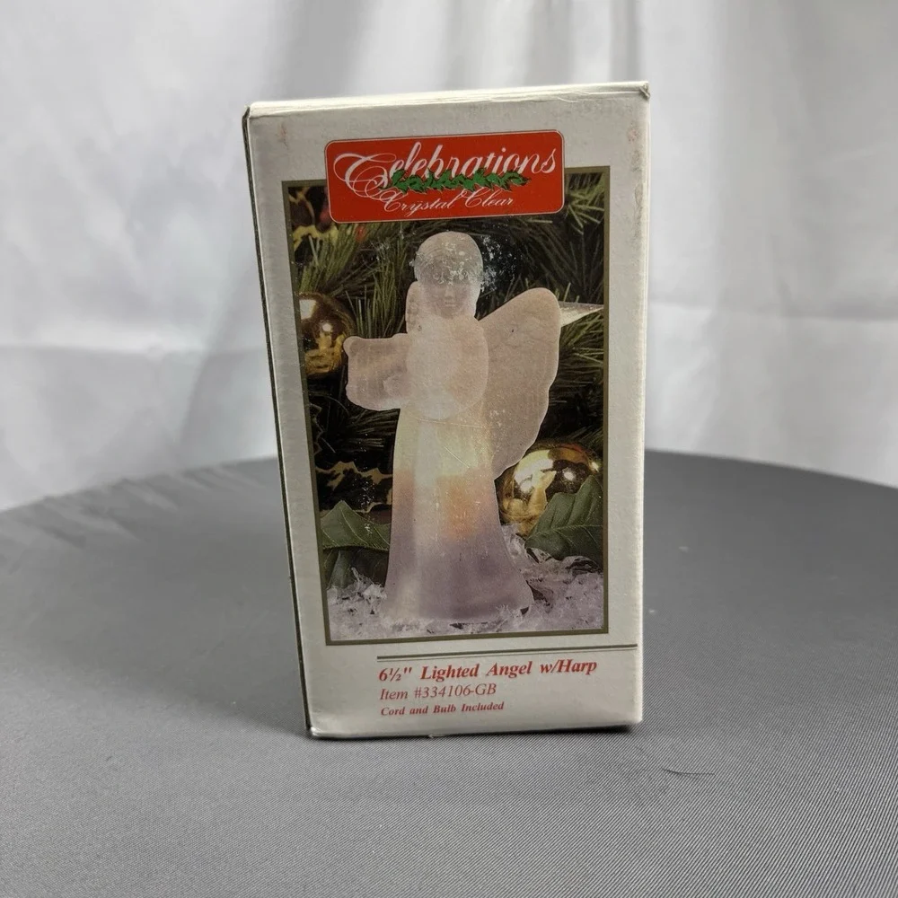 Clear‎ Frosted Glass 6 inch Lighted Angel Playing Harp Figurine Nightlight